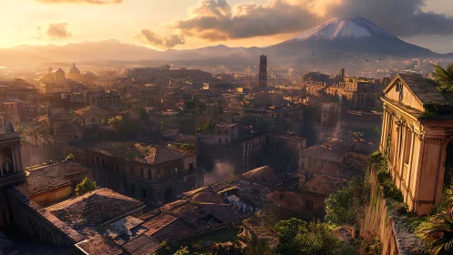 Sunlit ancient cityscape beneath smoking volcanic peak.