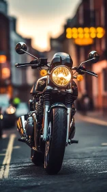 Motorcycle stands on urban street with headlight illuminated