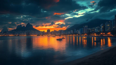 Dramatic coastal city skyline under fiery sunset sky.