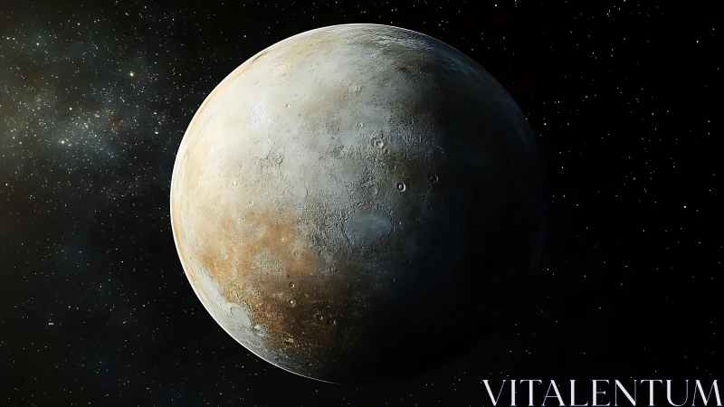 Icy cratered exoplanet sphere glows in deep space