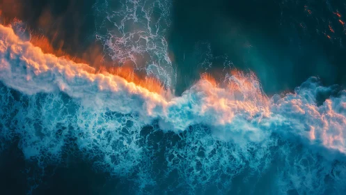 Aerial wave crest captures turbulent foam with warm rim lighting