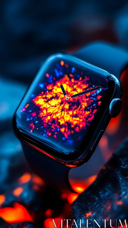 Molten midnight smartwatch cradling a tiny lava galaxy.