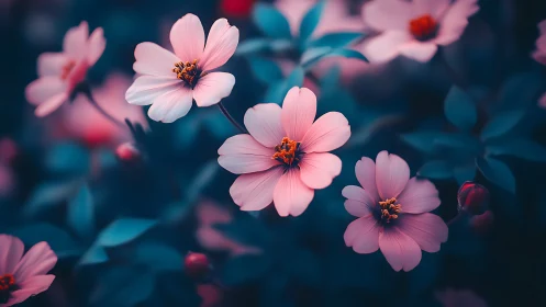 Pink cosmos flowers with dark teal foliage background.