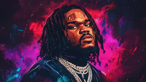 Vivid neon portrait of confident man in cosmic glow.