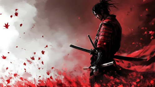 Lone samurai stands amid crimson leaves and swirling mist.