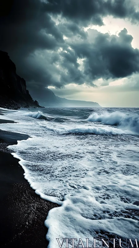 Storm-brewed surf scribbles white script on volcanic shore