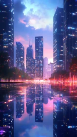 Neon dusk skyline reflects in rain-slick futuristic plaza grid