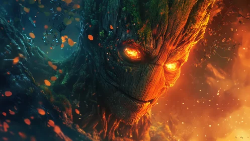 Fiery glowing tree spirit face amid dark enchanted forest.