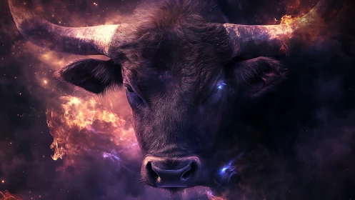 Cosmic bull portrait in nebular glow, centralized composition.