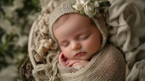 Sleeping Newborn in Cream Wrap with Floral Crown.