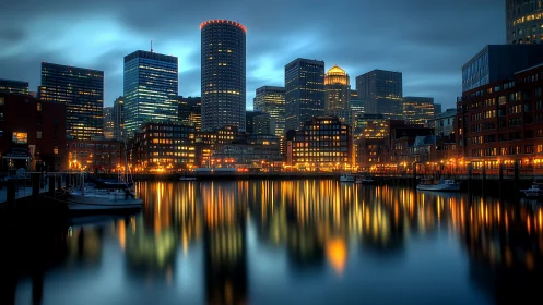 Harbor lights conduct a midnight symphony of mirrored towers