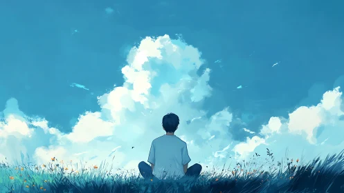 Solitary figure sits in grass observing expansive clouded sky