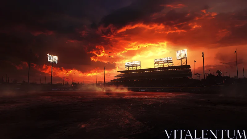 Stadium floodlights carve glowing scars across a molten sky
