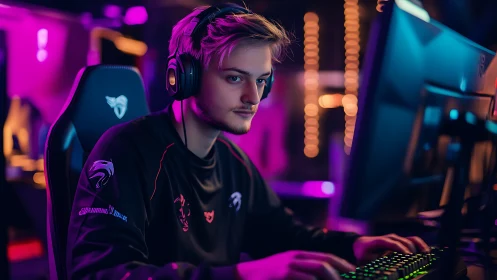 Focused gamer enjoys an immersive esports session in neon light