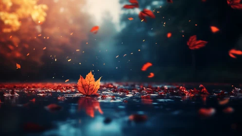 Cinematic digital painting of autumn leaf on reflective water.