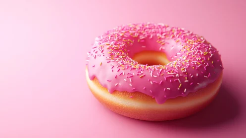 Vibrant pink frosted donut with sprinkles on pastel background.