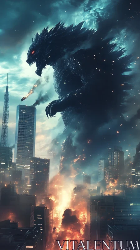 Giant fire-breathing monster towering over burning cityscape.