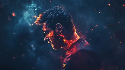 Fiery football portrait within dark smoke-filled void.
