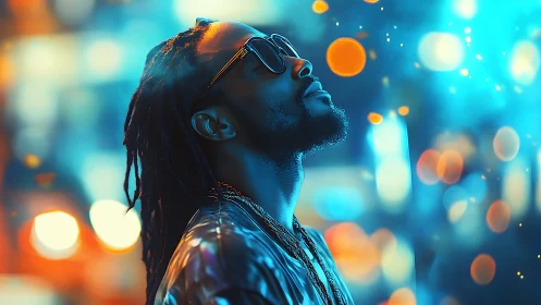 Man in sunglasses in neon city bokeh night portrait.