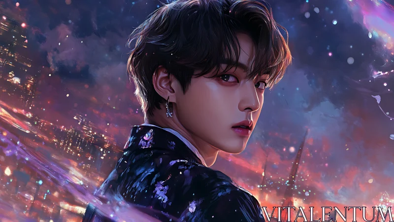 Starlit city dreamer turns under neon painted twilight sky.