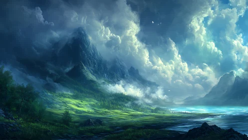 Storm-lit alpine valley under towering painted clouds.