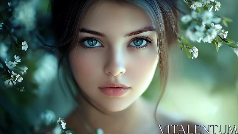 Digital portrait of blue eyed woman framed by blossoms.