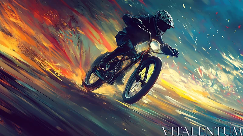 Motorcyclist leans into turn across abstract sunset track