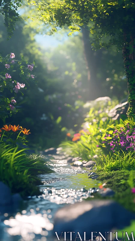 Sunlit forest stream flows between dense flowers and rocks