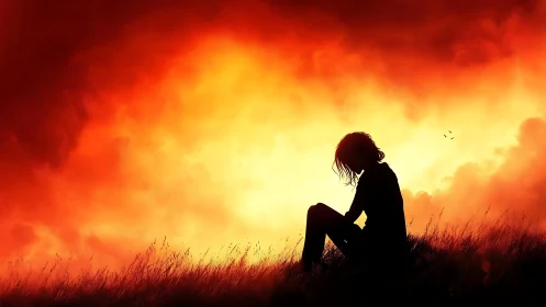 Silhouette of seated figure against intense orange sky.