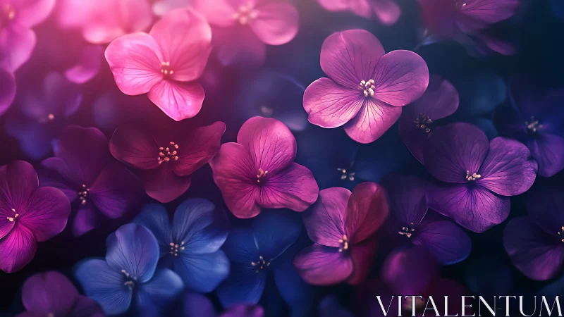 Small flowers with pink and purple petals in soft focus lighting