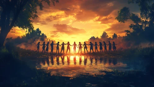 Group of People Holding Hands in Nature at Sunset, Cinematic Style.