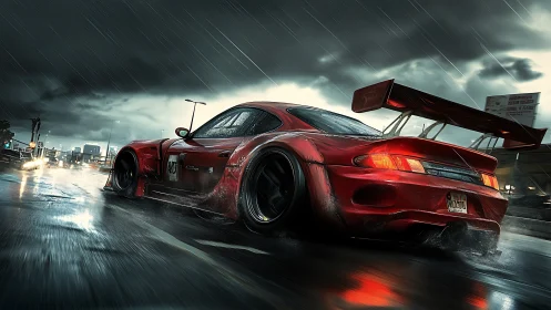 Red widebody race car powers through stormy wet highway.