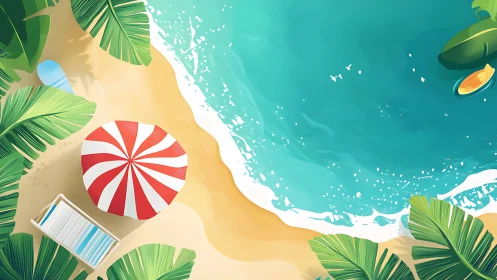 Aerial Beach Composition with Parasol, Striped Lounger, Tropical Foliage.