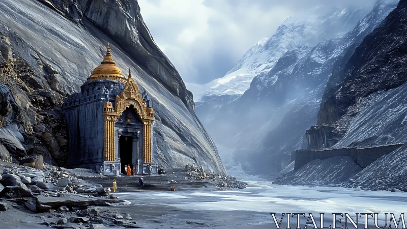 Golden mountain temple welcomes visitors in a frozen valley