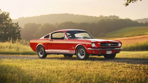 Red classic fastback muscle car parked on rural roadside