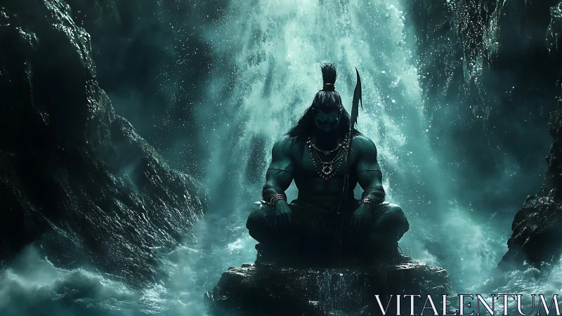 Mythic warrior meditates beneath volumetric waterfall light