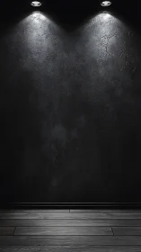 Dark textured wall with downlights over wooden floor surface.
