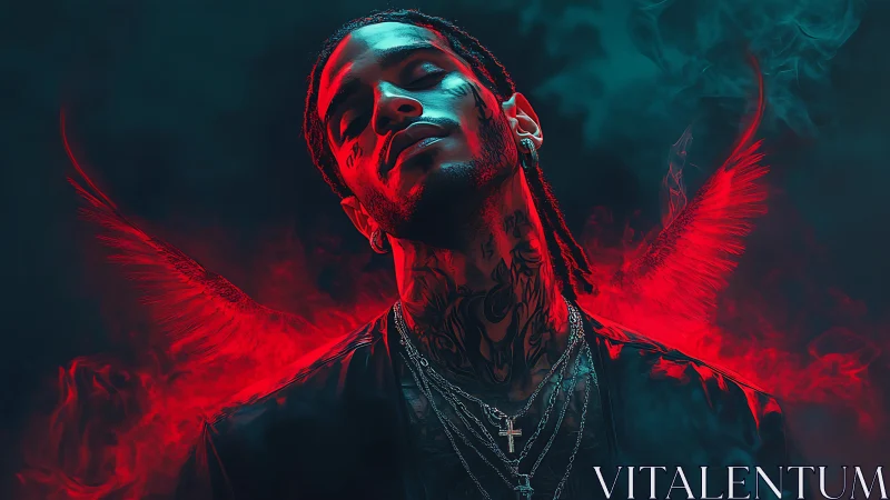 Tattooed man with red fiery wings in smoky teal scene.