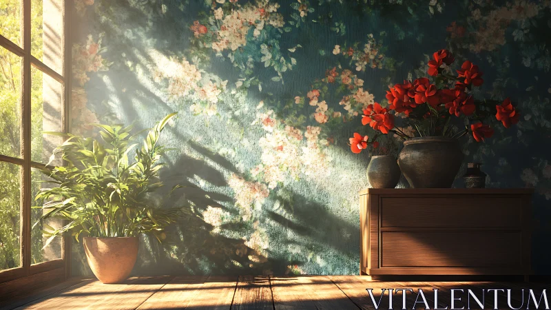 Sunlit interior corner shows plants, dresser and floral wall