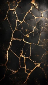 Golden kintsugi cracks illuminate dark textured surface.