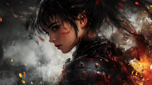 Female warrior in armor amid smoke and scattered embers.