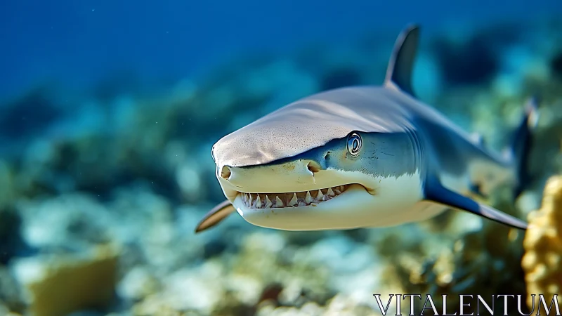 Smirking reef shark cruises bright coral kingdom of blue.
