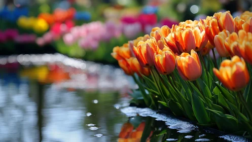 Orange Tulips by Water with Blurred Colorful Garden.