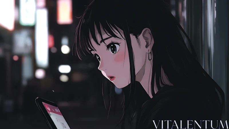 Midnight messages hush the neon city around her gaze