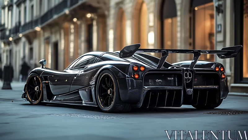 Midnight hypercar prowls a luxe city boulevard in carbon armor.