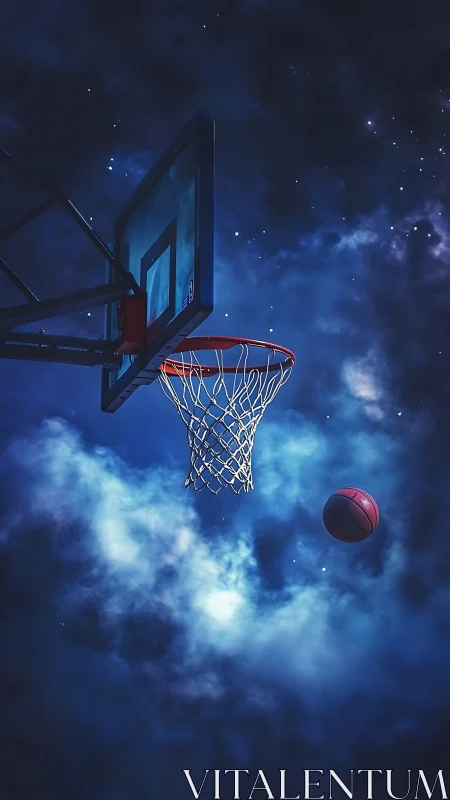 Starlit hoop dreams swirling through a midnight sky court.
