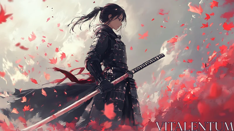 Lone samurai stands resolute amid a storm of red petals