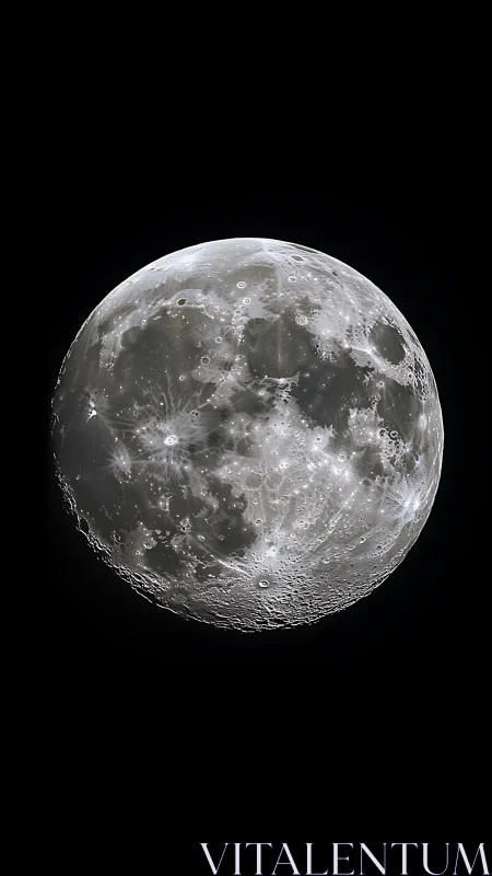 Luminous full moon reveals sharp craters in deep black space