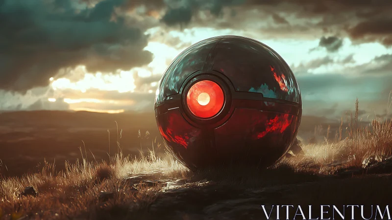 Gentle alien eye resting in a windswept golden field.