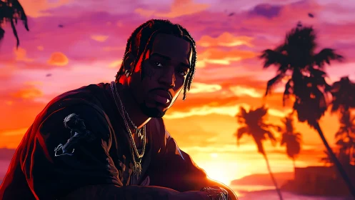 Man in sunset cityscape with palm silhouettes and glow.